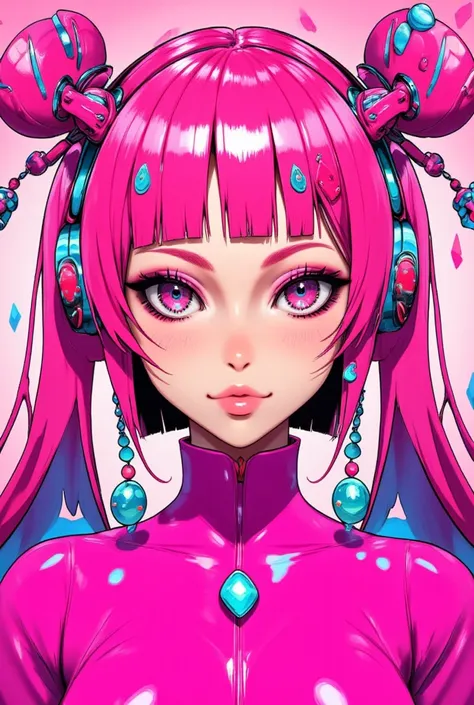 ((best quality)), ((masterpiece)), (detailed), perfect face of cyberpunk mecha japanese girl, neon pink body, neon pink hair, ne...