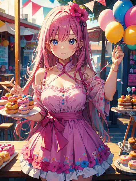 Best Quality、cake、Please draw a cute womans birthday party。There are colorful balloons, cakes, and donuts in the background
1 girl, smile, 