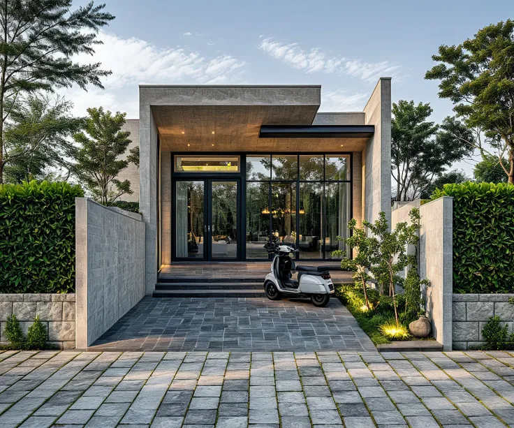 a modern, luxurious house with a sleek, minimalist design. the exterior is made of dark-toned materials, including stone claddin...