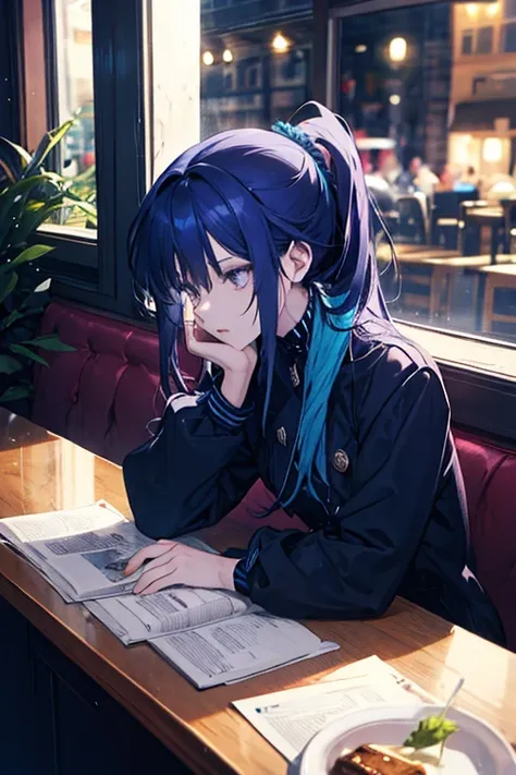 A cold and aloof girl with long dark blue hair tied in a high ponytail hairstyle and violet eyes sitting in a cafe staring outside the window spacing out