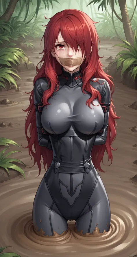 (black bodysuit, grey bodysuit:1.4), kirijou mitsuru, (red eyes, long hair, messy hair, red hair:1.4), 1girl, (gag, gagged, tape...