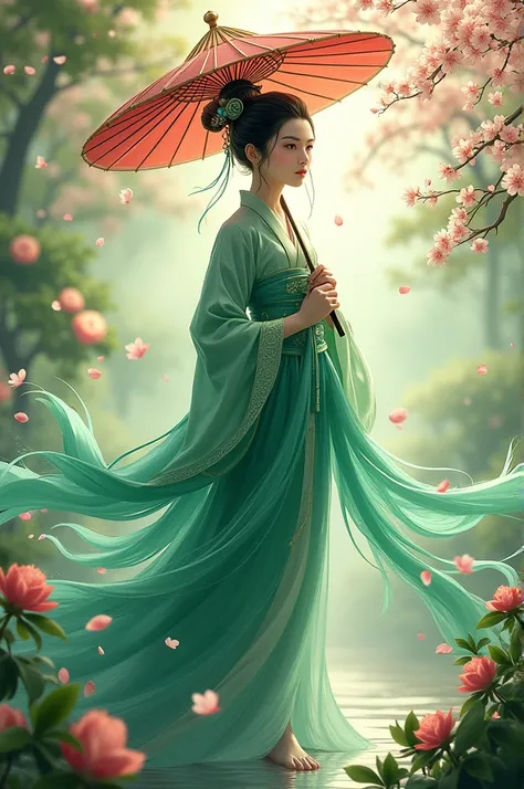 Elegant Kagura in her Jade Blossom skin, standing gracefully with her signature umbrella, surrounded by a vibrant garden of jade-green leaves and cherry blossoms. Her traditional outfit flows in the wind with beautiful thick and detailed lines, combining o...