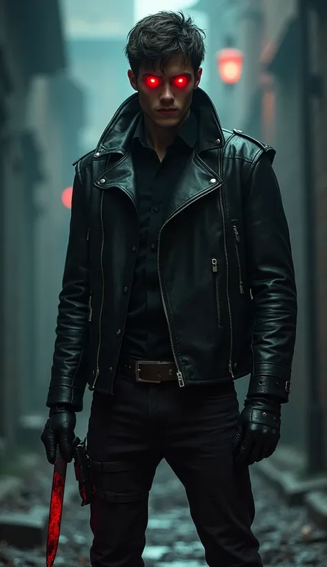 a young man with glowing red eyes, leather jacket, leather gloves, leather boots, bloody knife, cinematic lighting, dark fantasy, dramatic shadows, moody atmosphere, high contrast, deep rich colors, intricate details, hyper realistic, masterpiece