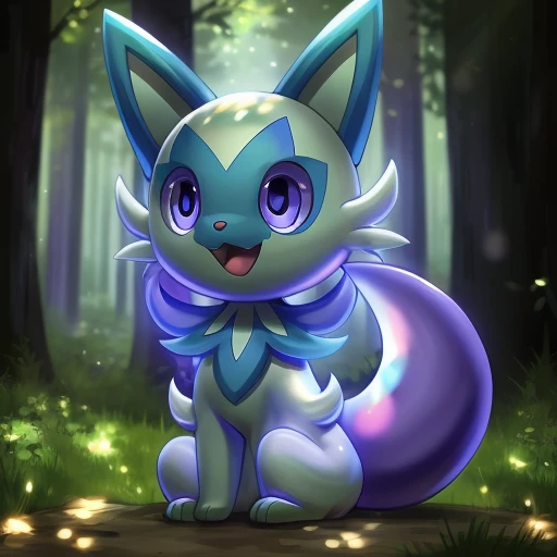 masterpiece,  best quality , highest quality,  purple eyes, glowing pokémon,  forest background, alone, scalpel, happy,  opens h...