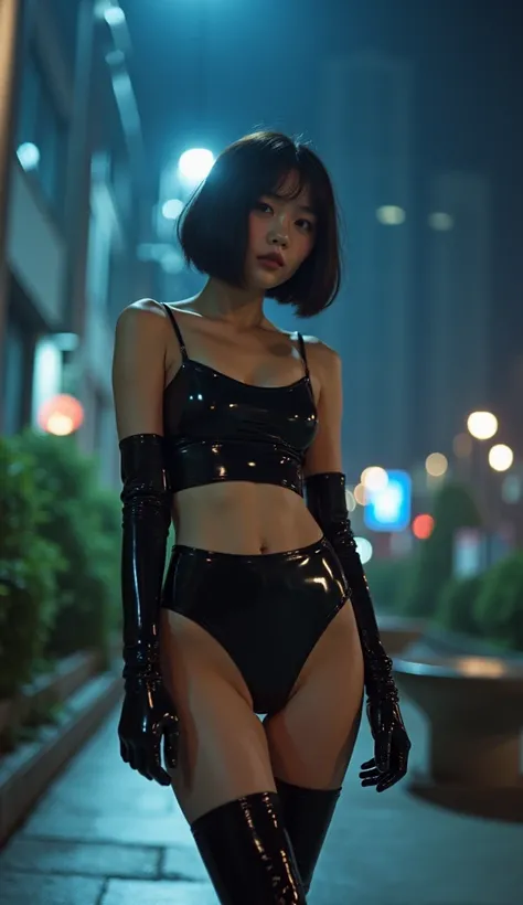 Beautiful girl、Mid-teens、Cute Japanese Idol、Moody and ecstasy 、Doesn&#39;t look like Korean、No Korean characteristics、photograph、Genuine、 Natural Spotlight for Girls 、Skyscrapers at night、soaked、Very short pixie cut hair、athlete、I&#39;m training and I&#39;...