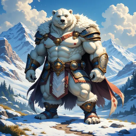 character focus, full body, looking away, various angle, european fantasy, a muscular middle-aged polar bear man, clothed, heroi...