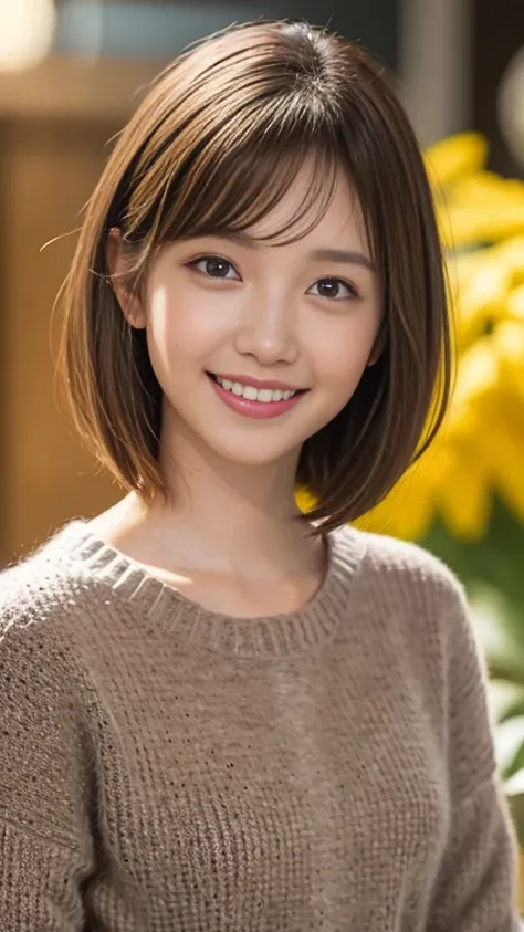 1 Female,Photorealistic,Highest quality,Ultra high definition,8K,Cool Beauty,Beauty,Perfect Style,Summer knitwear,Japanese,Upper body close-up,smile,looking at the camera,Short Bob