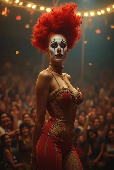 ((masterpiece, highest quality, Highest image quality, High resolution, photorealistic, Raw photo, Extremely detailed CG unified 8k wallpaper)), (huge stunning goddess shot, very hot and sexy, jaw-dropping beauty, perfect proportions, beautiful body, slim body beauty:1.4), Circus show, a woman dressed as a red-headed clown with her face painted white fascinates the audience with her dynamic action, she poses with a big smile on her face, and the audience explodes at her cue,