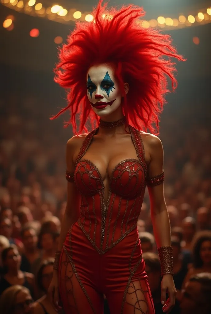 ((masterpiece, highest quality, Highest image quality, High resolution, photorealistic, Raw photo, Extremely detailed CG unified 8k wallpaper)), (huge stunning goddess shot, very hot and sexy, jaw-dropping beauty, perfect proportions, beautiful body, slim body beauty:1.4), Circus show, a woman in a red-haired clown costume with her face painted white, fascinates the audience with dynamic action, posing with a big smile on her face, and the audience explodes at her cue,