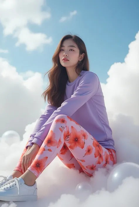 Hyperrealistic photo, A dreamlike and ethereal composition. The background features fluffy white clouds and transparent bubbles with iridescent reflections. The Korean woman, with a dreamy look, a stunning beauty, is wearing a casual monochrome top in a gl...