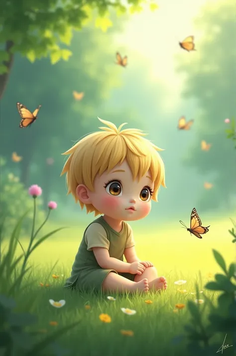 He has big, innocent eyes. Sheru is sitting on the grass, watching birds and butterflies peacefully."
