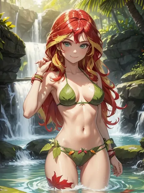 Sunsethuman, Female, two-tone hair, red and yellow hair, wavy hair, smiling, leaf, leaf bikini, bikini, green bikini, in a park, posing in a fountain, photoshoot