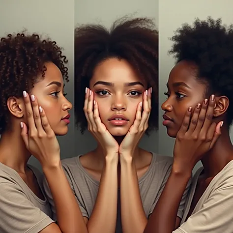 three sets of interracial lesbian couples, couple-1:( there is a pericyte that makes people hear distasteful things. black woman helps young pretty white woman with " hear no evil " pose by closing blond womans ears with brown hands ), couple-2:(white woma...