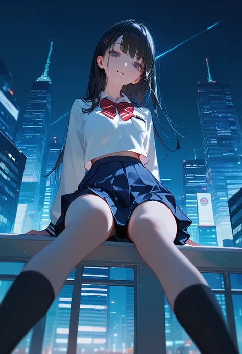 Score_9,Score_8_up,Score_7_up,highest quality,detailed,1 beautiful 18yo girl,JK,slim,(black_long_hair,straight_bangs),(wearing school uniform:1.2),(perfect anatomy),Sitting on top of a skyscraper,looking down on the city,beautiful night sky