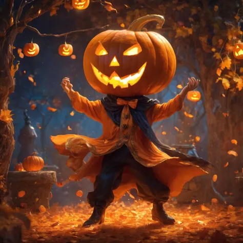 dancing jack o'lantern, playing jack o'lantern, fantasy world, magic world, a magical world, fairytale、jack o'lantern world. fan...