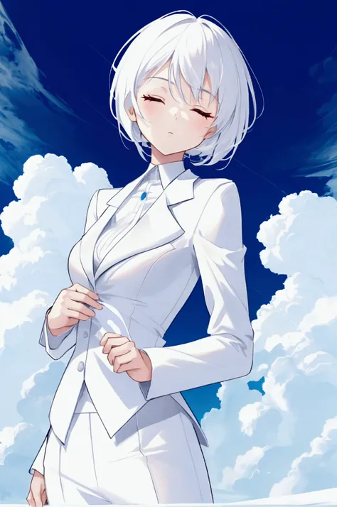 girl with very short white hair, with her eyes closed, a white formal suit.