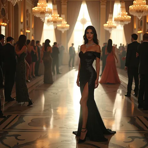 Italian Girl, Daughter of a Mafia Boss, wearing an shimmering black dress, young, at fancy event, amidst ornate grand hall, party goers in background, overly pale skin, elegance, black hair, diamond jewelry, diamond earrings, diamond necklace, off shoulder...