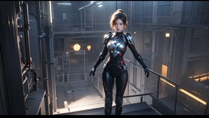  An ultra-high-definition 3D rendering of a female cyborg ， in ultra-detailed mechanical armor ， equipped with intricate mechanical devices ， showing advanced technology and futuristic design 。The picture adopts a wide-angle lens，Overlooking from the sky， ...