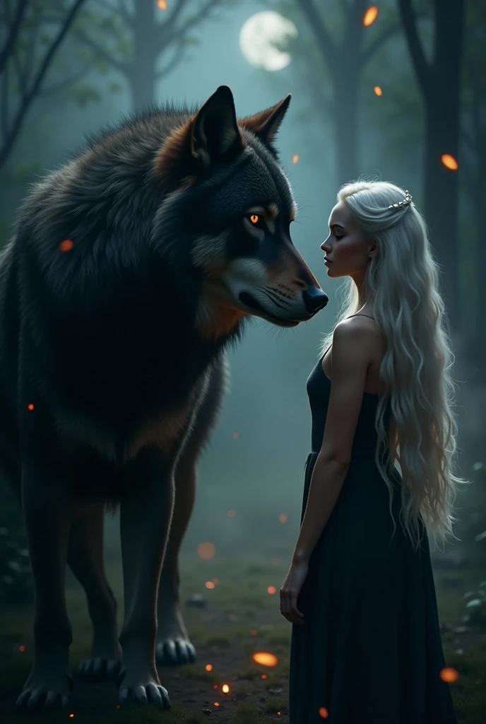 A hyper-realistic scene featuring a young woman with long, flowing white hair standing face to face with a large, mystical wolf creature. The womans eyes are closed, and she has a serene expression, while the wolf gazes at her with glowing amber eyes. The ...