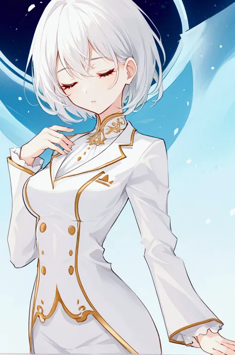 girl with very short white hair, with her eyes closed, a white formal suit.