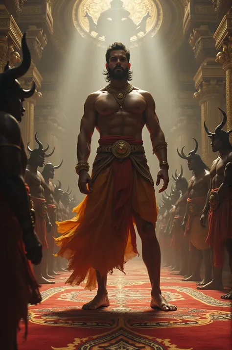 A photo of Angad, the son of Maharaja Bali in the Ramayana, when he goes to Ravanas Mahasabha and stands with his feet pressed.