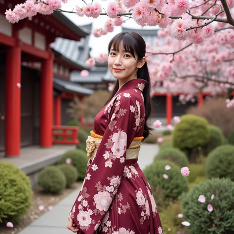 A photo of a serene Japanese woman dressed in a delicate, floral-patterned traditional kimono standing outdoors near a red wooden structure adorned with pink cherry blossoms. The wind gently blows through the scene, scattering numerous cherry blossom petal...