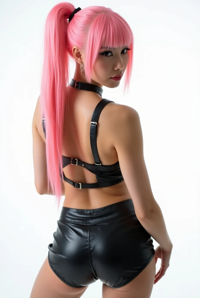 Sexy leather costume、Young Japanese model、Erotic、ultra detailed celebrity makeup、pink hair、beautiful smile、high definition ponytail、Erotic look、bright white background