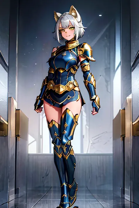 female, silver short messy hair, yellow eyes, silver wolf ears, silver wolf tail, (((1girl))), (((dark blue armor with gold trim...