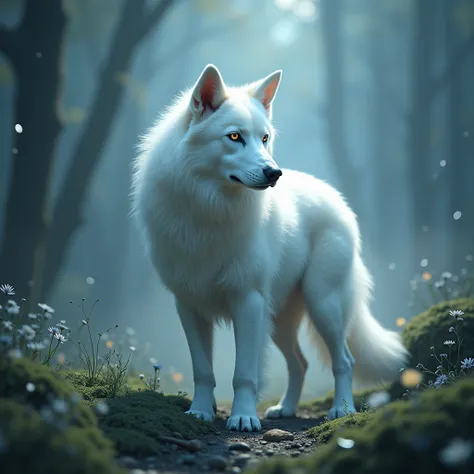 white dog 8k realistic detailed photography, cinematic lighting, fantasy, magical realism