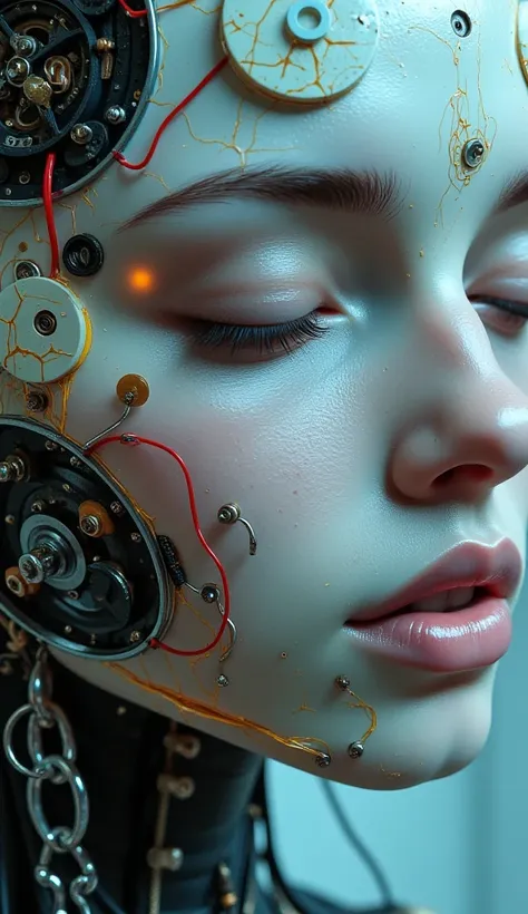 3/4 body, 4k, award-winning raw photo realism: a cyborg android woman, eyes closed, intricately detailed wires and cables intert...