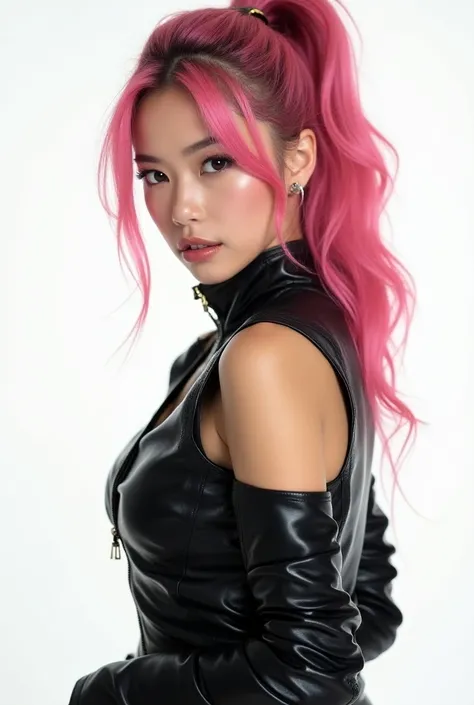 Sexy leather costume、Young Japanese model、Erotic、ultra detailed celebrity makeup、pink hair、beautiful smile、high definition ponytail、Erotic look、bright white background