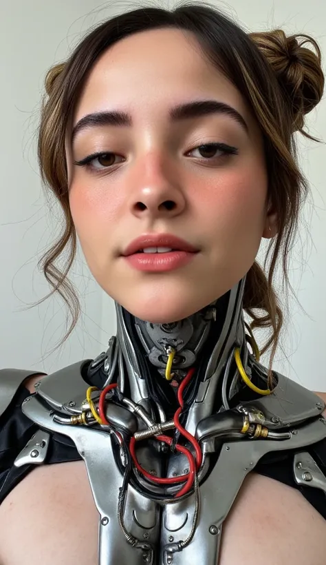 4k, award-winning raw photo realism: a cyborg android woman, eyes closed, intricately detailed wires and cables intertwining wit...