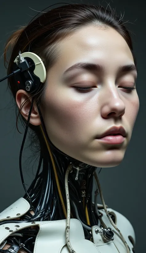 4k, award-winning raw photo realism: a cyborg android woman, eyes closed, intricately detailed wires and cables intertwining wit...