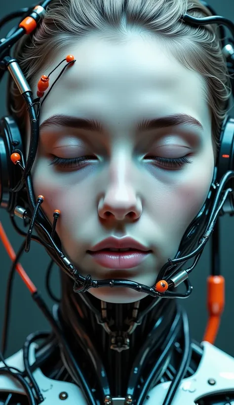 4k, award-winning raw photo realism: a cyborg android woman, eyes closed, intricately detailed wires and cables intertwining wit...