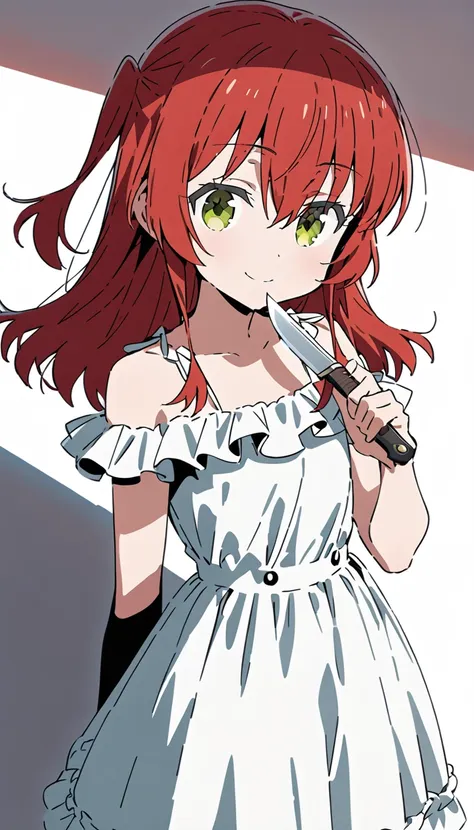 ikuyo kita, green eyes, hair between eyes, long hair, one side up, red hair, small chest, dress, frilled dress, open shoulders, ...