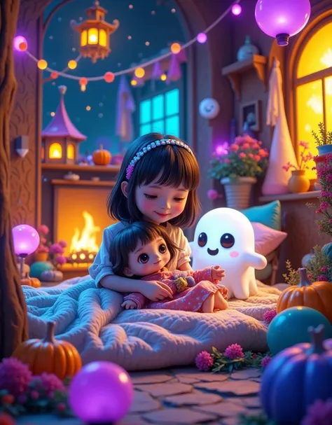 (vision:1.0)，(wide angle:1.0)，(whole body:1.3)，  halloween themed haunted house ， a cute little ghost lying in bed resting ， the...