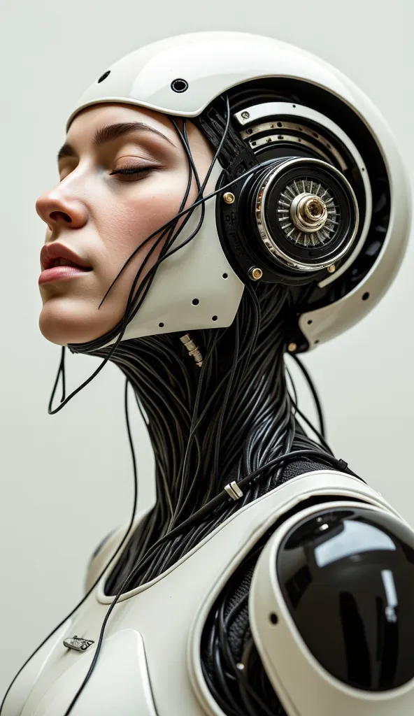 4k, award-winning raw photo realism: a cyborg android woman, eyes closed, intricately detailed wires and cables intertwining wit...