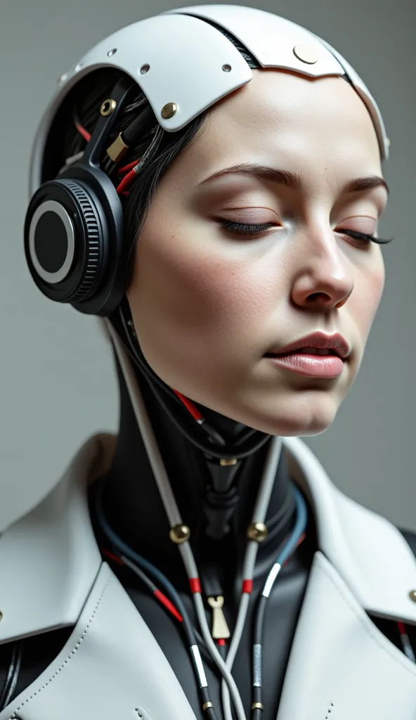 4k, award-winning raw photo realism: a cyborg android woman, eyes closed, intricately detailed wires and cables intertwining wit...