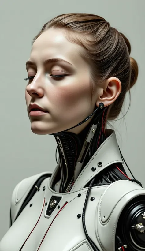 4k, award-winning raw photo realism: a cyborg android woman, eyes closed, intricately detailed wires and cables intertwining wit...