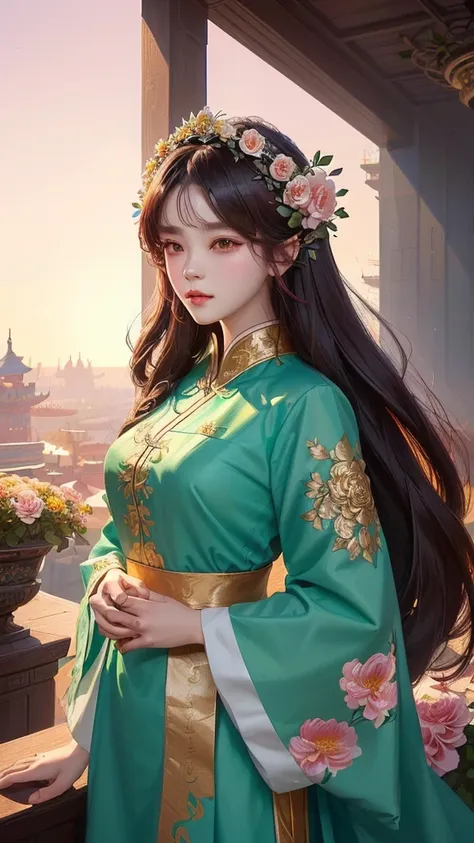 There is a woman with a flower crown on her head., inspired By Chen Yanjun, artwork in the style of Gwaiz, Reusch and Urop, Breathtaking digital illustration , By Chen Yanjun,  Beautiful digital illustrations , Gwaiz, Lostrun 8k, Beautiful digital art, Por...