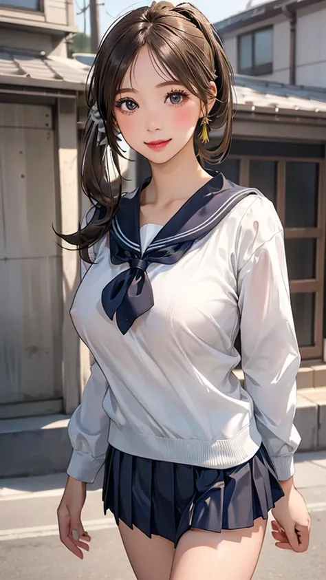 (masterpiece:1.2, top-quality), (realistic, photorealistic:1.4), beautiful illustration, 
looking at viewer, cowboy shot, front view:0.8, 
1 girl, japanese, high school girl, (long hair:1.5), light brown hair, (side ponytail:1.7), large breasts:0.8, 
beaut...