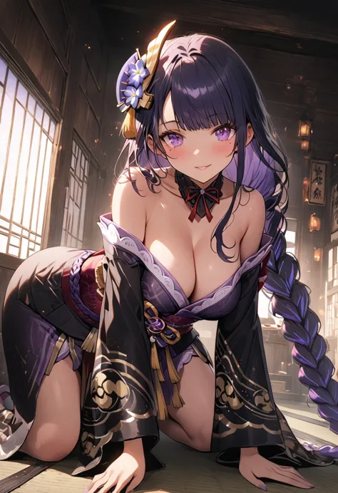 Beautiful flirtatiously smiling, a very busty ronin wearing gold lace kimono, Meiji restoration, blue eyes, focused on the viewer, yojimbo, cleavage, off the shoulders, large breasts, large anime eyes, highly detailed eyes, natural skin, natural skin textu...