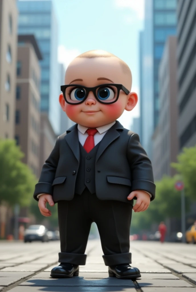  blue-eyed 、、Hair、Its a skinhead 。 a super cute  boy who is slightly fat、 baptized costume 。
 a black three-piece suit 、Leather shoes、 red tie、 white silk hat 、sunglasses、Image quality 、 3D animation high definition 、Real Image。Im in the business district ...