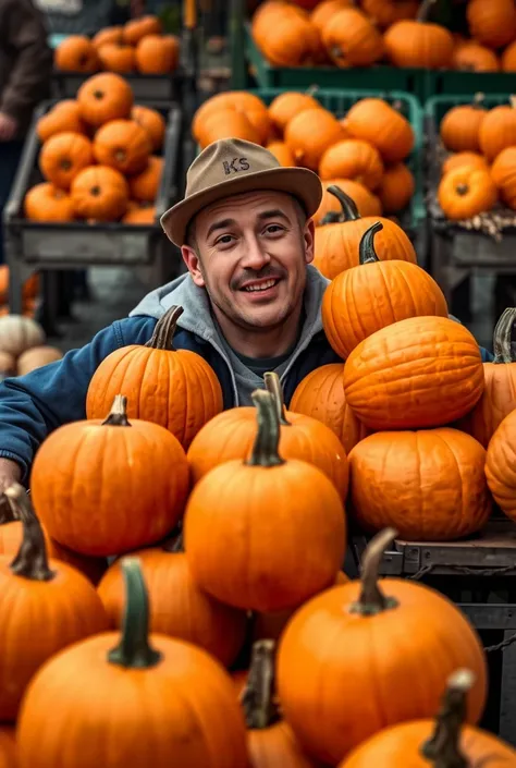 a male merchant selling piled up halloween pumpkins, gag, comedy, 8k quality, pumpkins, cart, autumn, fall foliage, smiling merchant, comical expression, vibrant colors, warm lighting, detailed textures, highly detailed, photorealistic, masterpiece