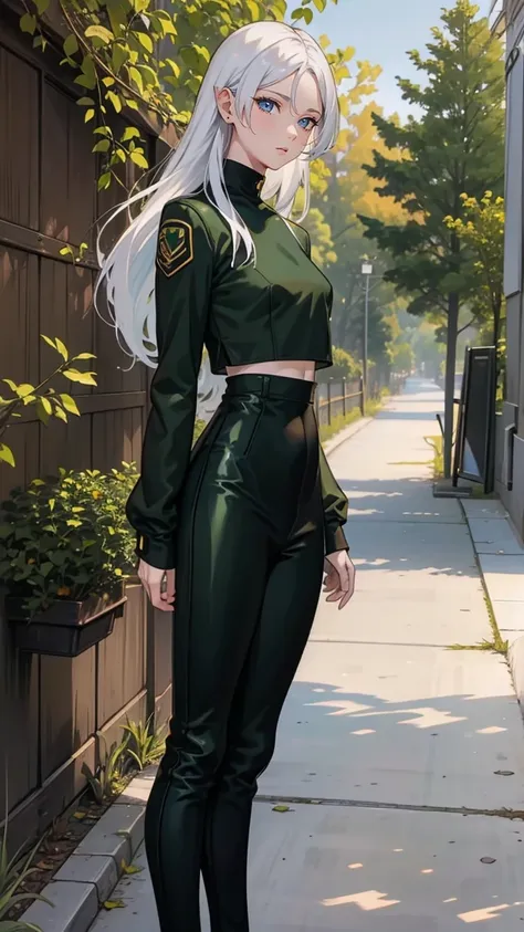 ((green eyes)). 1girl, solo, teenager, white hair, ((green eyes)), full body, pants, long sleeves, pointed ears. ((black clothes...