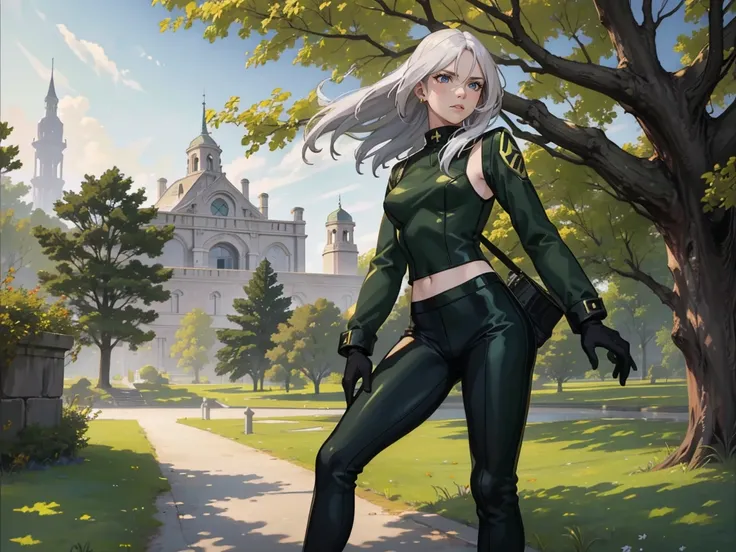 ((green eyes)). 1girl, solo, teenager, white hair, ((green eyes)), full body, pants, long sleeves, pointed ears. ((black clothes...