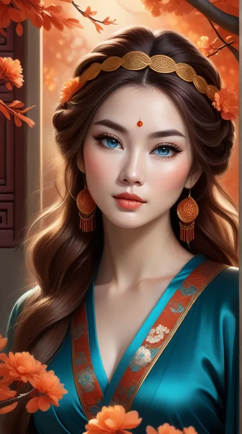 a highly detailed digital painting portrays a young woman with striking features, positioned slightly to the right of center in ...