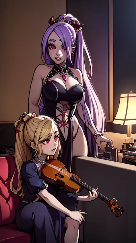 a beautiful young goddess and demoness playing violin and piano, future rap stars, masterpiece, ultra-detailed, photorealistic, ...