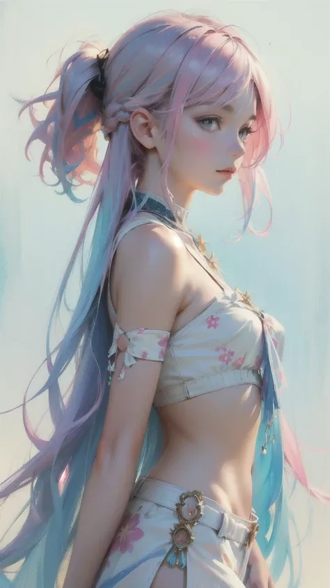 (masterpiece, Best Quality,  best quality ,watercolor ( medium),Official Art,   beautiful and aesthetic :1.2),( 1 girl:1.3), ( Fractal Art :1.3), upper body, from side,  staring at viewers ,patterns,(Rainbow Hair,colorful hair,Blue and pink hair half each:...