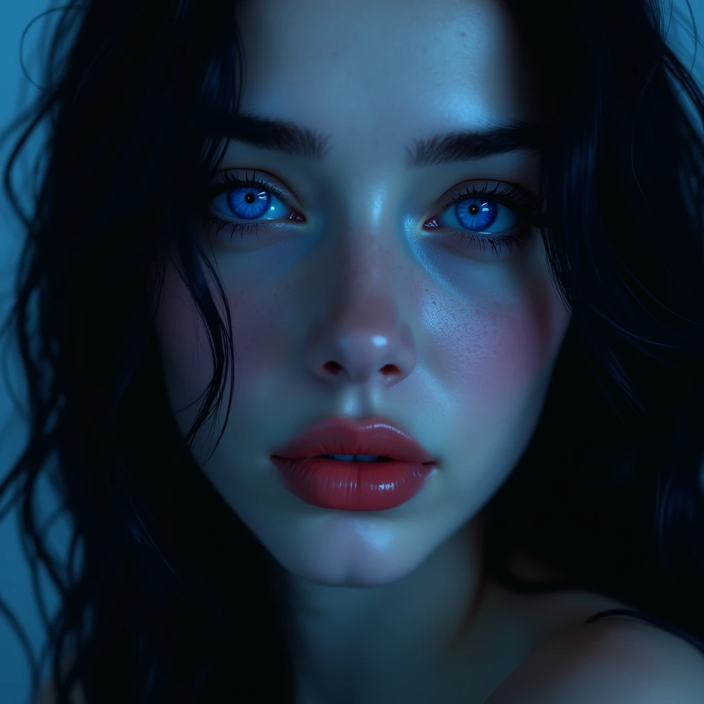  A beautiful European woman of unrealistic beauty with soft European features., long jet black hair, pale white skin,  thick red lips ,  long eyelashes ,  and detailed facial features.., Beautiful blue eyes detailed lips, blue eyes zafiro extremadamente de...